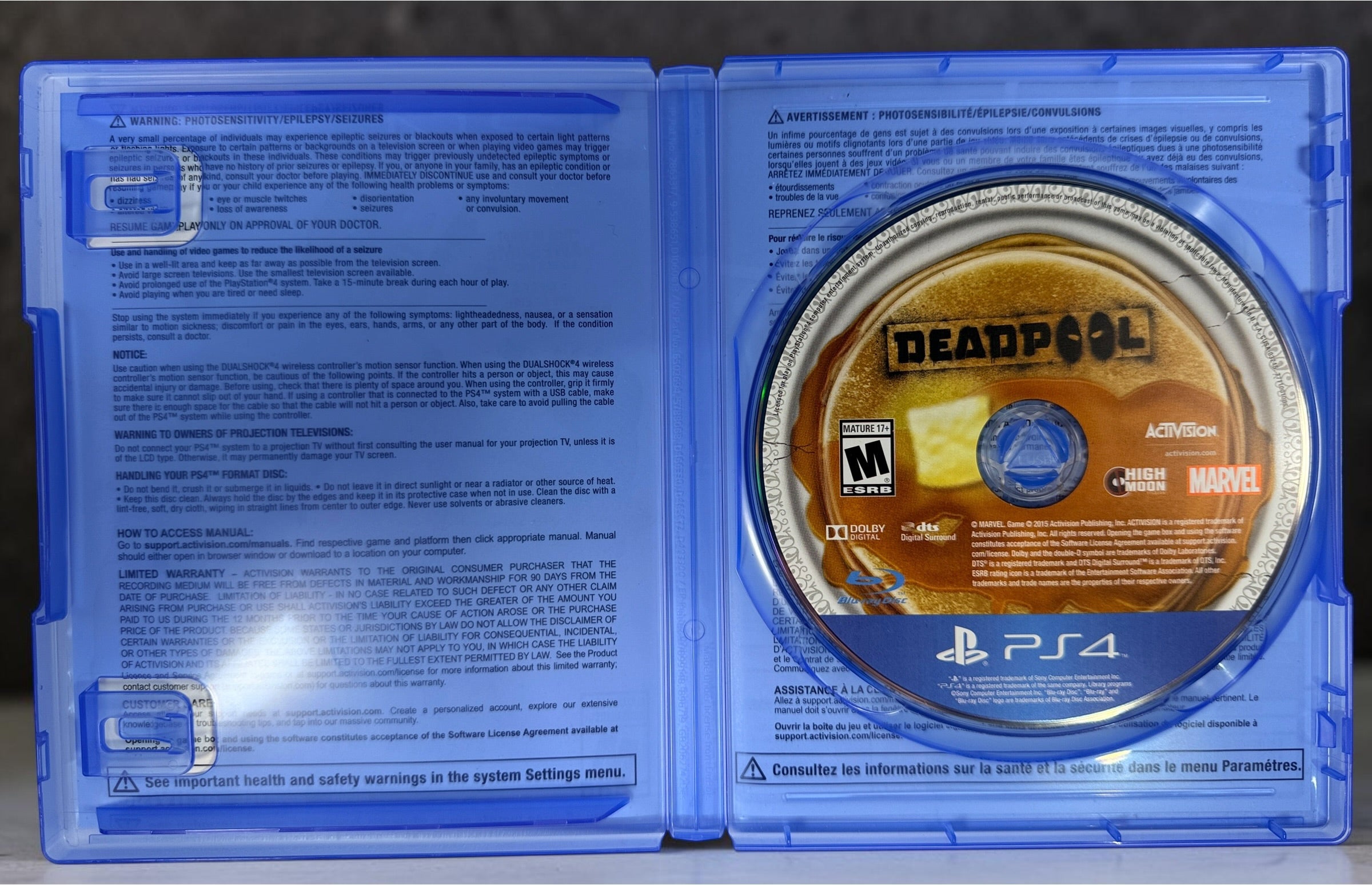 Rare Deadpool PS4 physical edition from Activision and High Moon Studios. 2015 Marvel action game with original case and disc.
