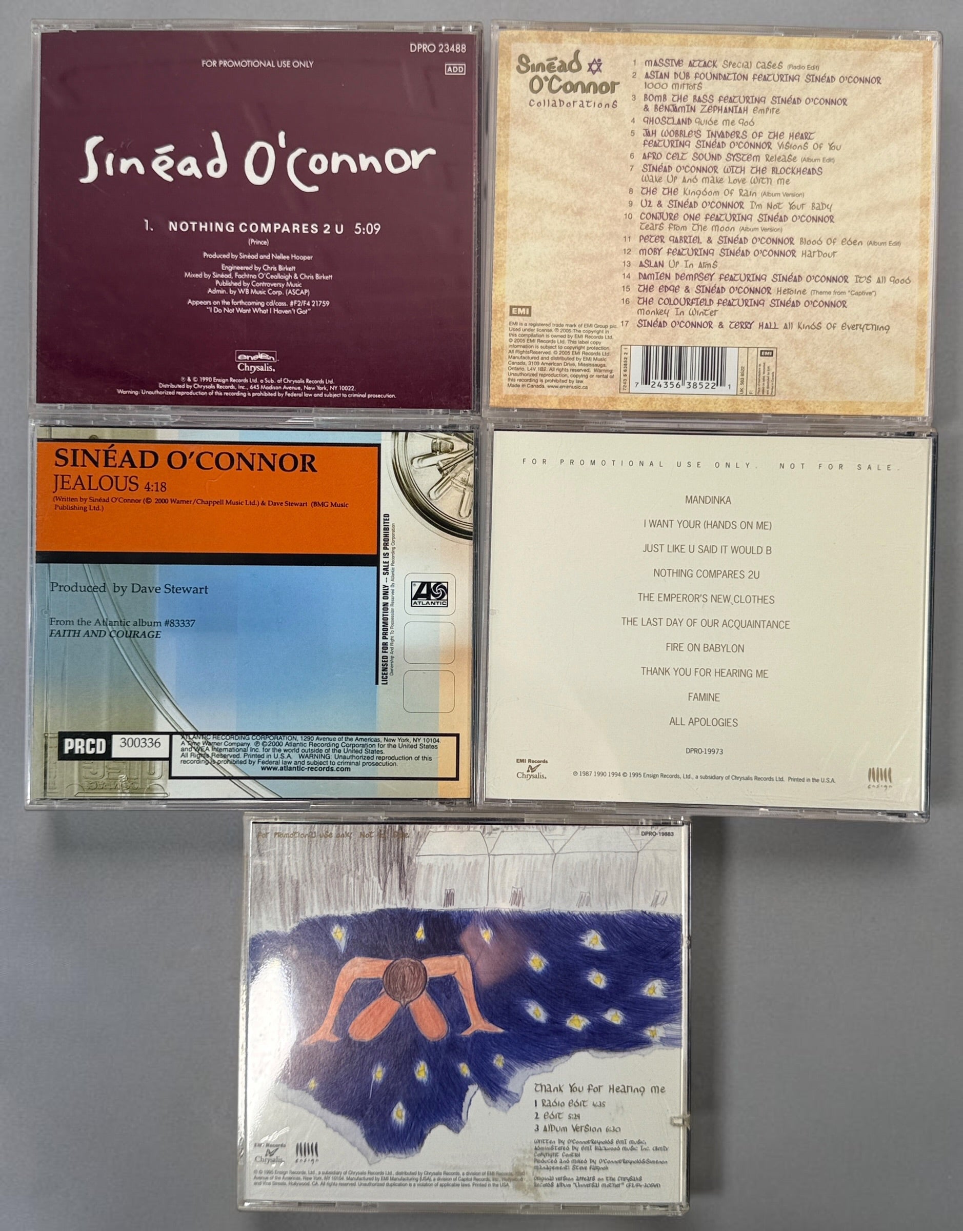 Collectible Sinéad O’Connor 5-CD lot featuring rare U.S. promotional releases, Nothing Compares 2 U, Jealous and Thank You for Hearing Me.