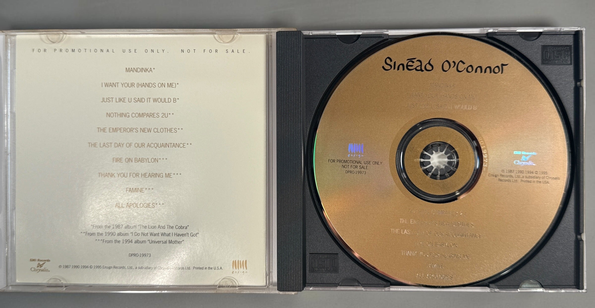 Collectible Sinéad O’Connor 5-CD lot featuring rare U.S. promotional releases, Nothing Compares 2 U, Jealous and Thank You for Hearing Me.