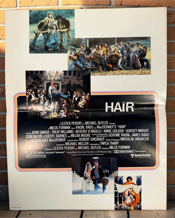 Original 1979 Hair movie souvenir program from United Artists, featuring Milos Forman film artwork, cast photos and production credits.