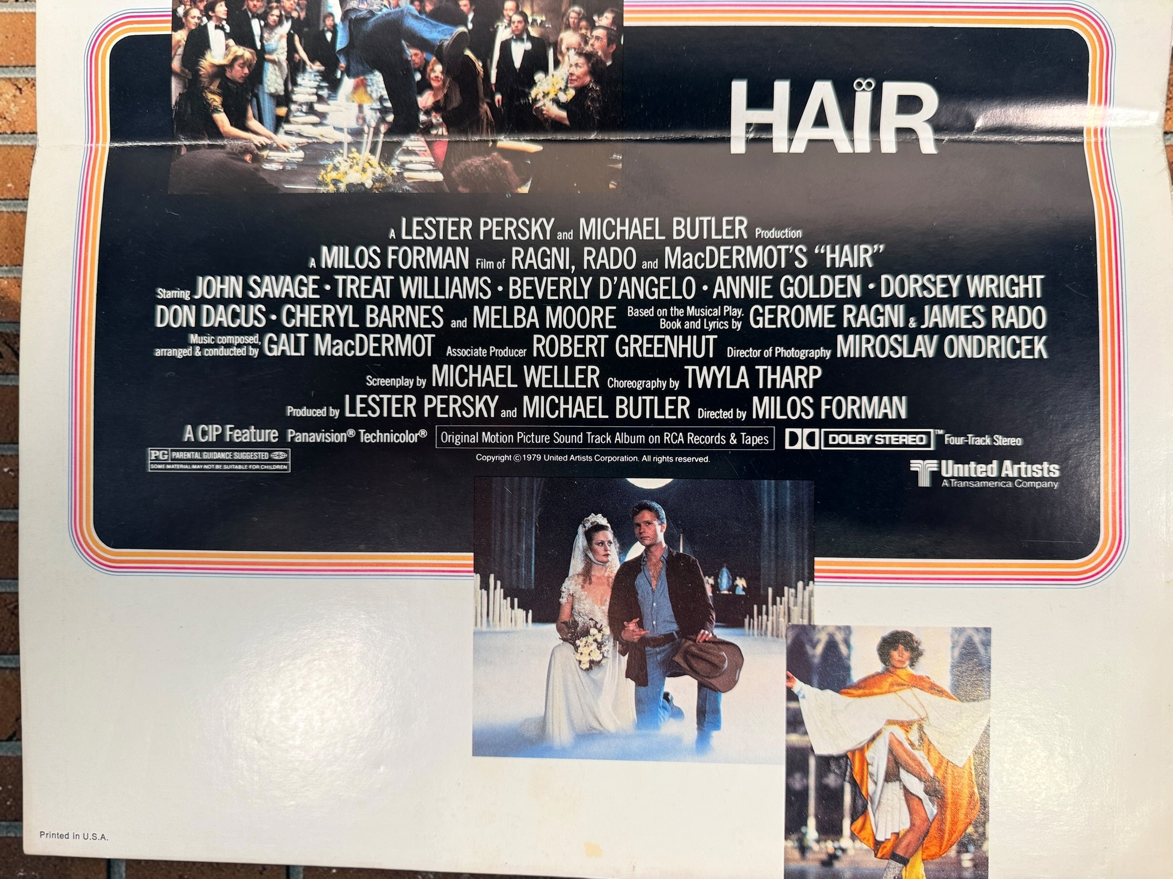Original 1979 Hair movie souvenir program from United Artists, featuring Milos Forman film artwork, cast photos and production credits.
