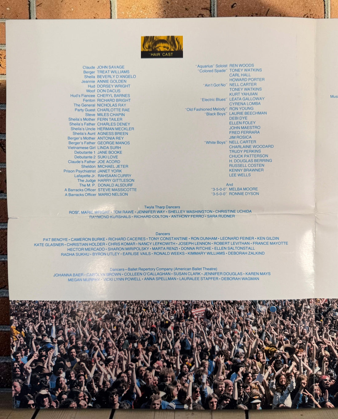 Original 1979 Hair movie souvenir program from United Artists, featuring Milos Forman film artwork, cast photos and production credits.