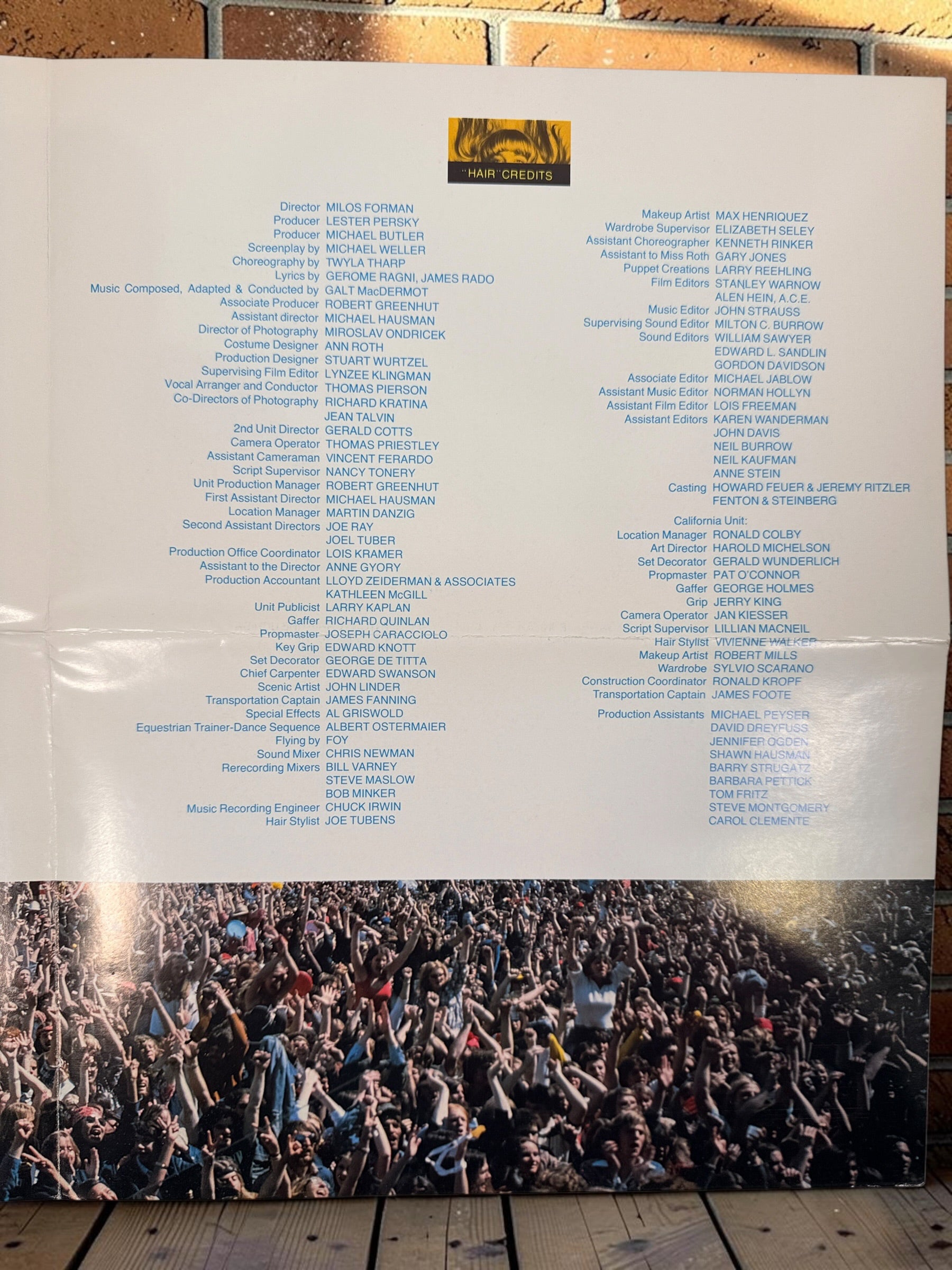 Original 1979 Hair movie souvenir program from United Artists, featuring Milos Forman film artwork, cast photos and production credits.