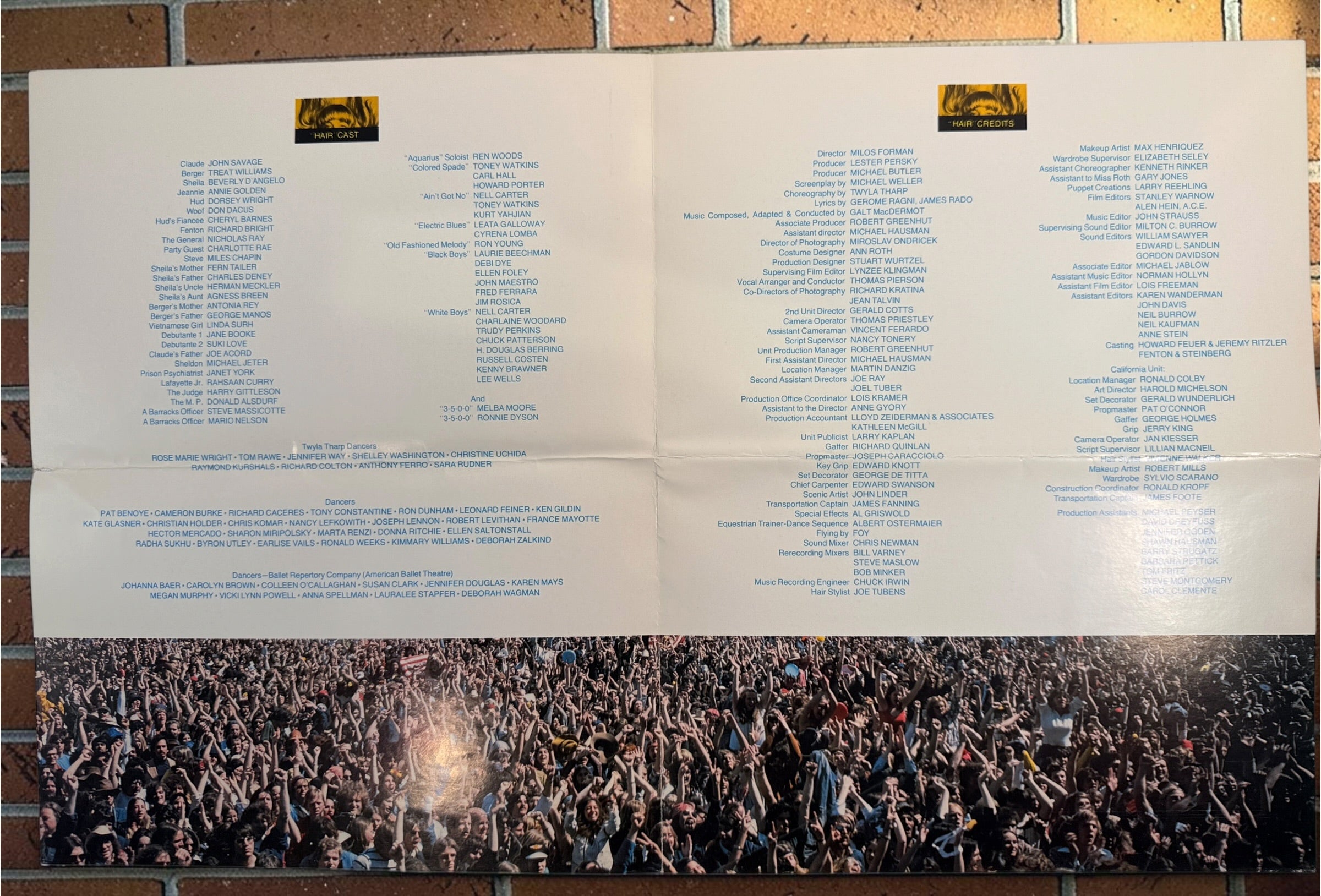 Original 1979 Hair movie souvenir program from United Artists, featuring Milos Forman film artwork, cast photos and production credits.