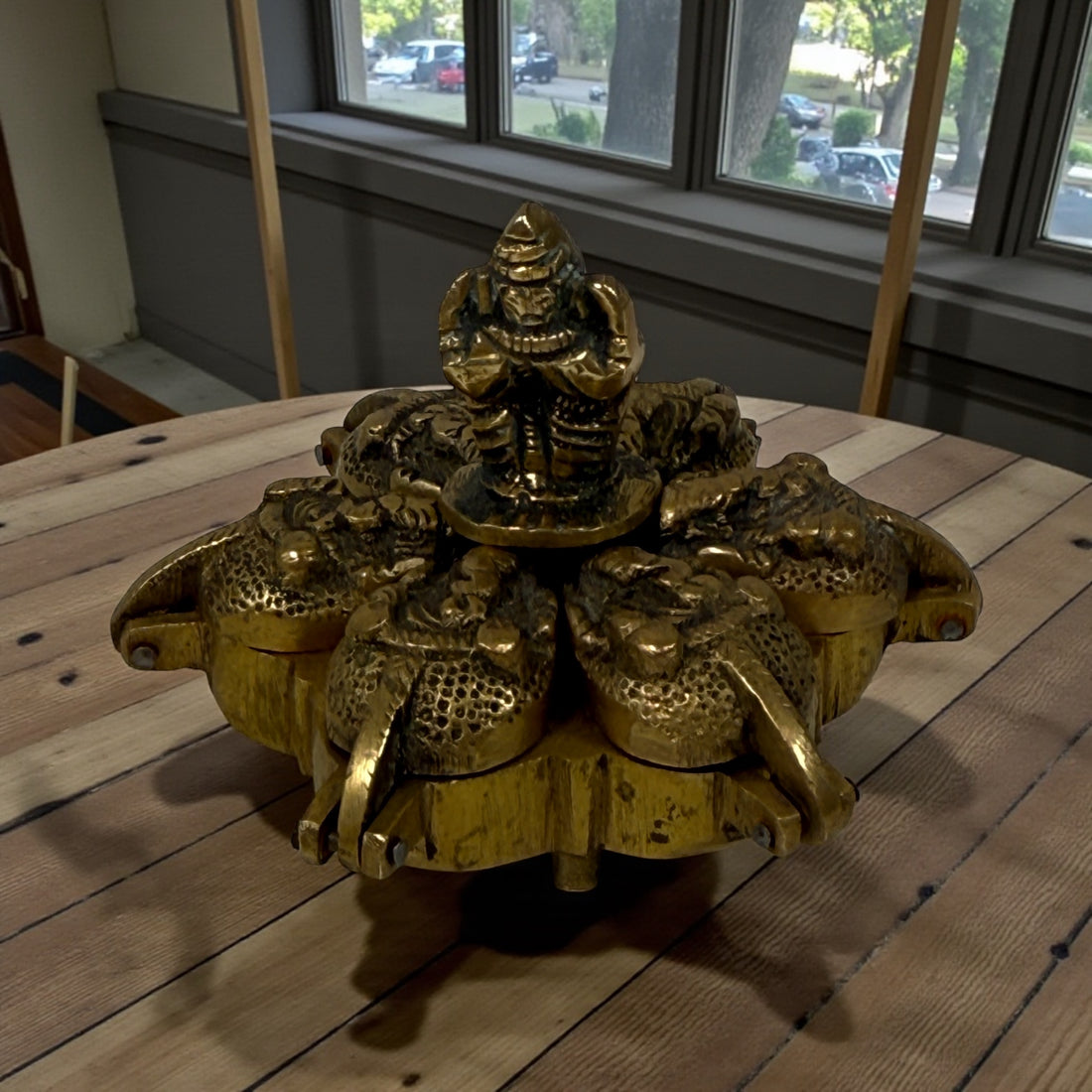 Vintage Indian brass folding incense burner with Ganesha, six hinged compartments in lotus form. Solid brass devotional ritual piece.