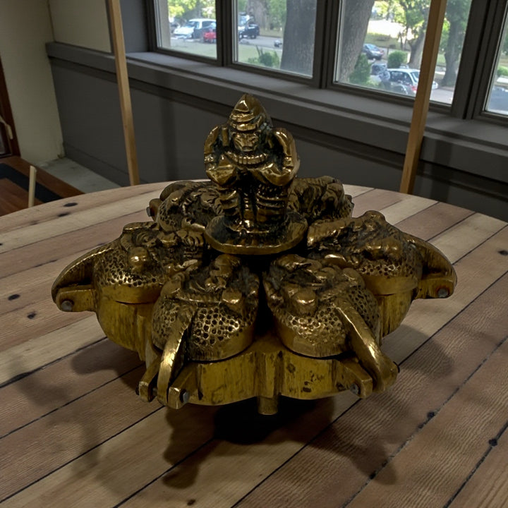 Vintage Indian brass folding incense burner with Ganesha, six hinged compartments in lotus form. Solid brass devotional ritual piece.