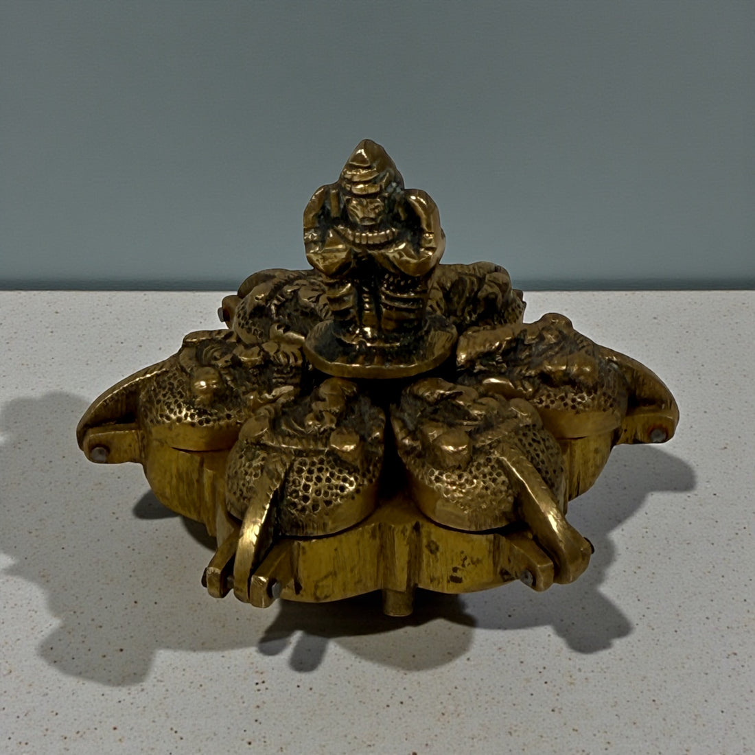Vintage Indian brass folding incense burner with Ganesha, six hinged compartments in lotus form. Solid brass devotional ritual piece.