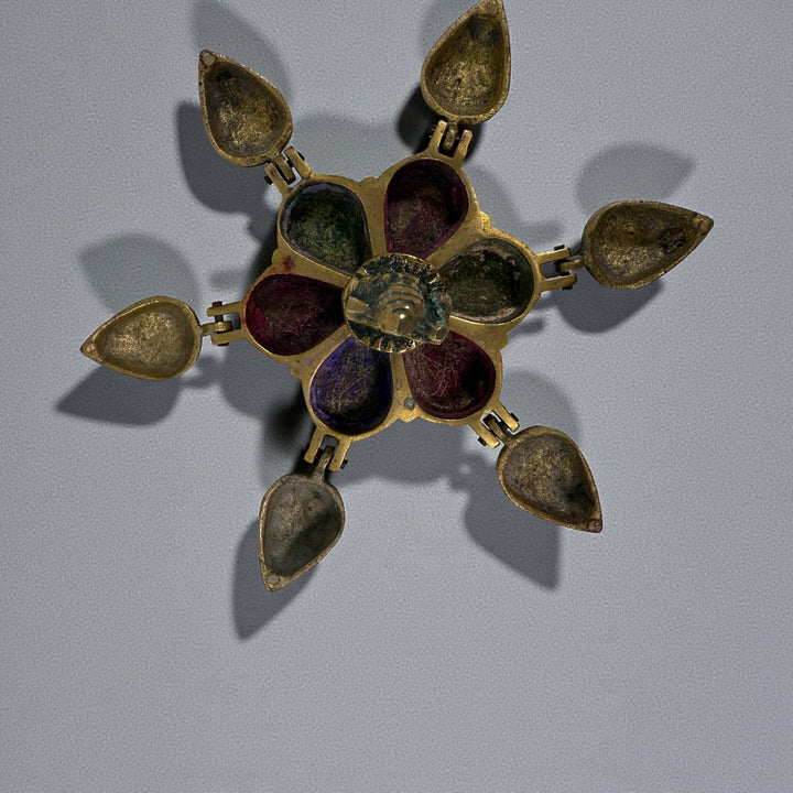 Vintage Indian brass folding incense burner with Ganesha, six hinged compartments in lotus form. Solid brass devotional ritual piece.