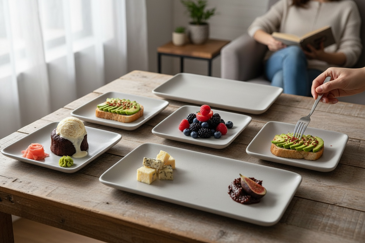Heath Ceramics 7-piece stoneware serving set with modern matte white glaze. Restaurant-grade California design. Durable and collectible modern tableware.