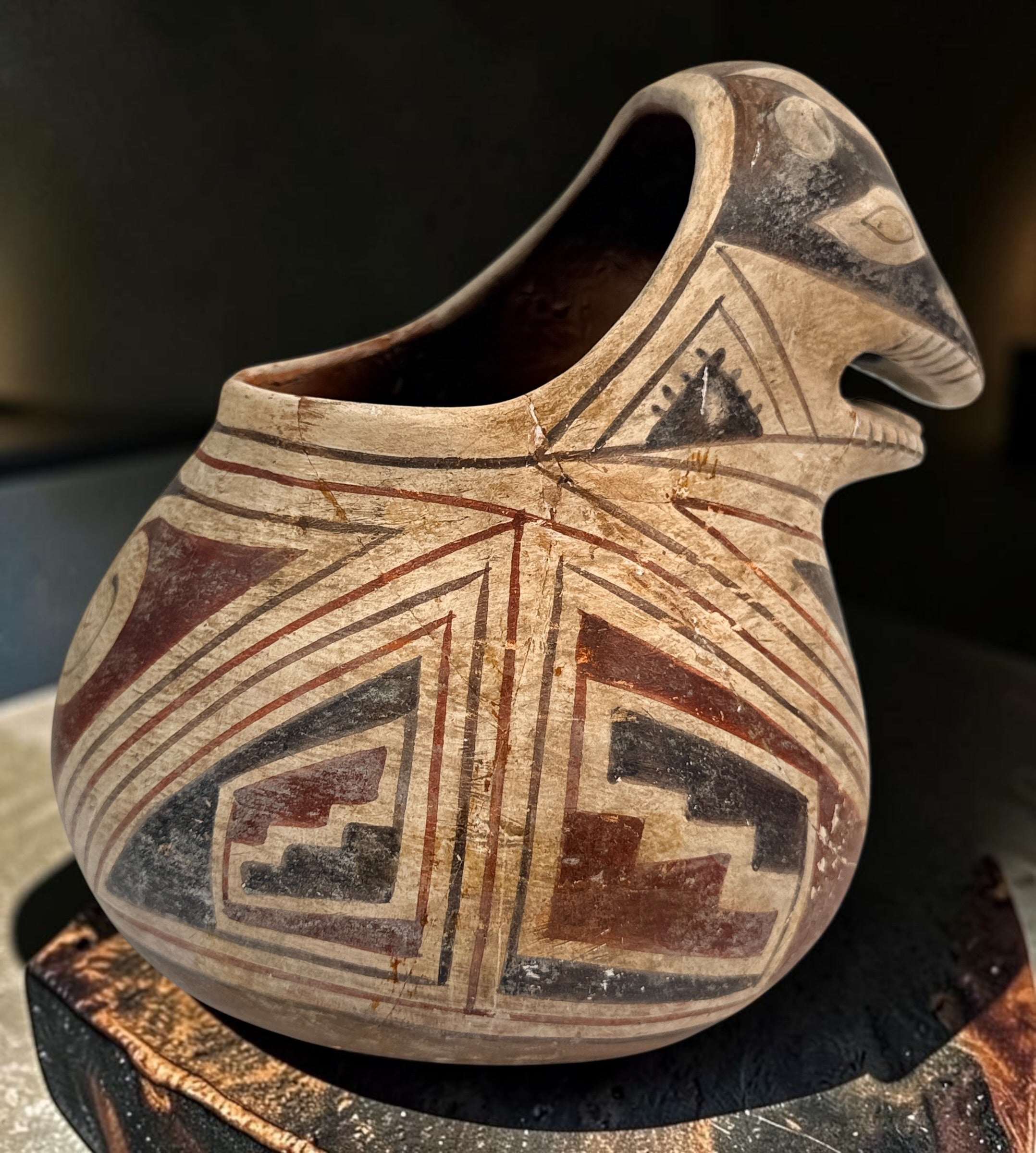 Vintage INAH Mexico Casas Grandes badger effigy pottery vessel with Ramos-style polychrome decoration. Previously repaired; see photos for condition.