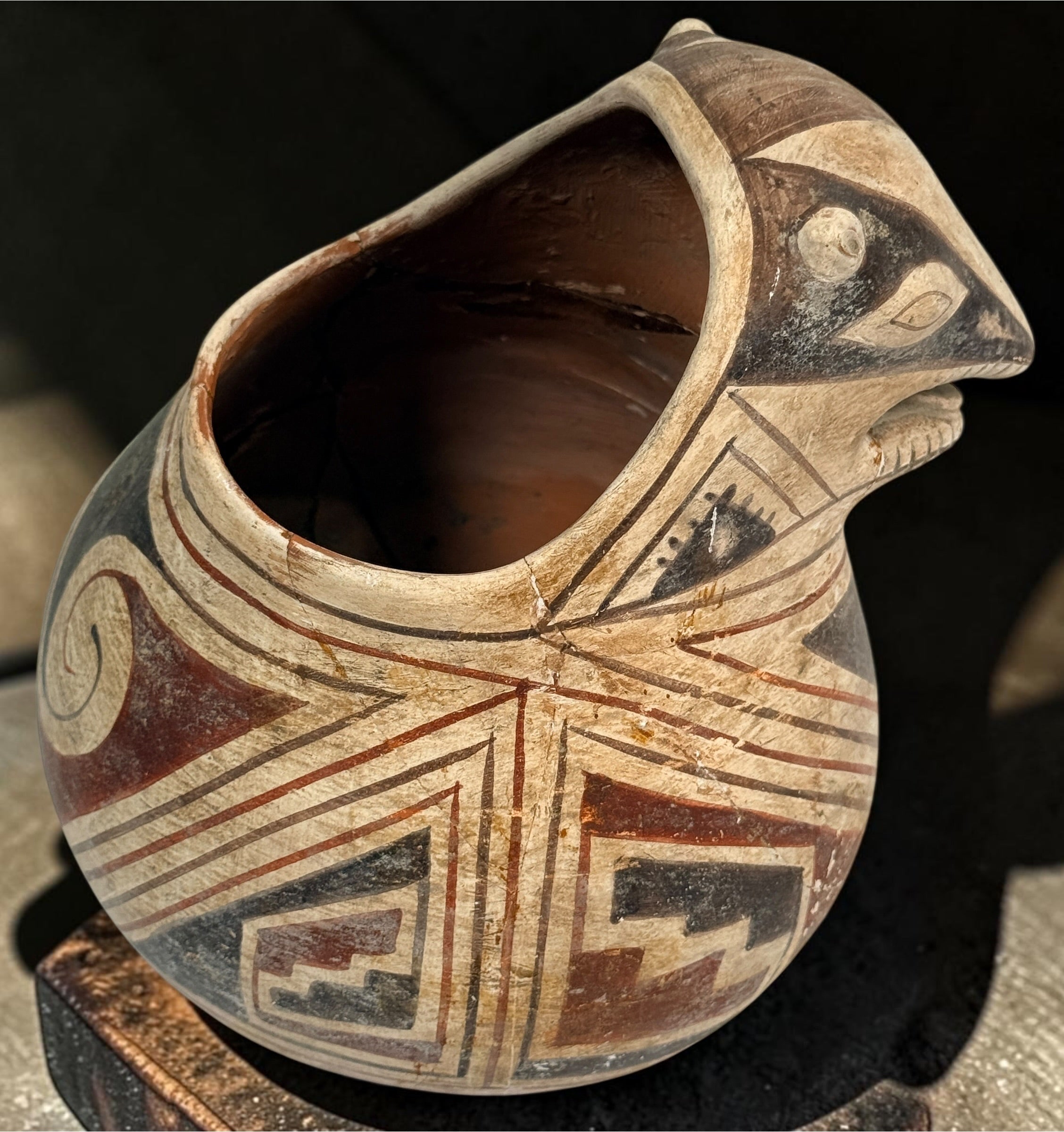 Vintage INAH Mexico Casas Grandes badger effigy pottery vessel with Ramos-style polychrome decoration. Previously repaired; see photos for condition.