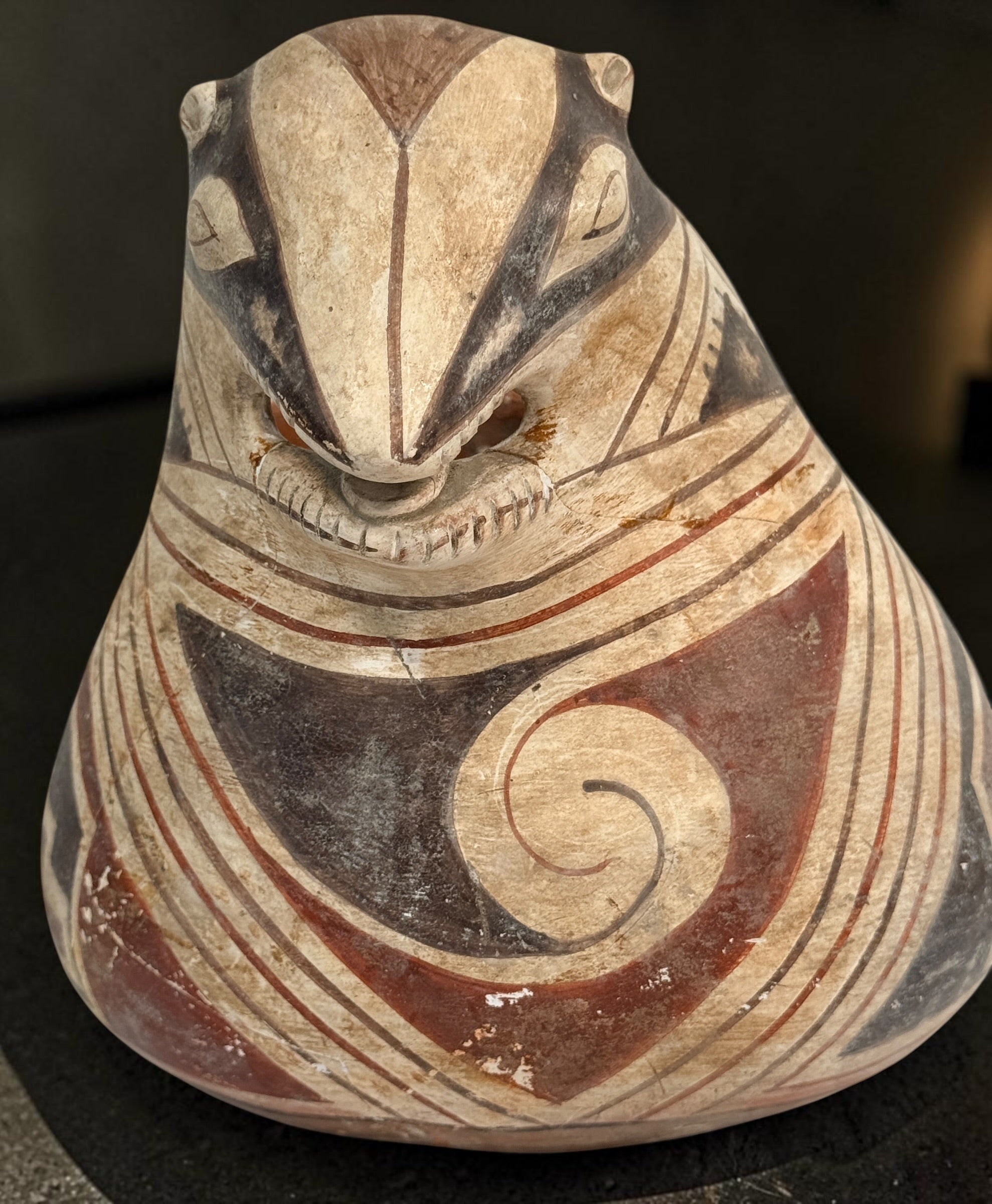 Vintage INAH Mexico Casas Grandes badger effigy pottery vessel with Ramos-style polychrome decoration. Previously repaired; see photos for condition.