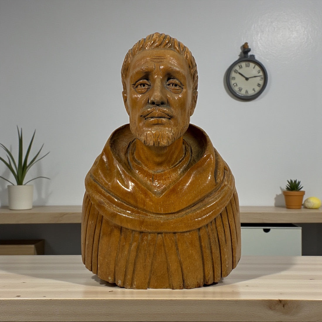 Hand-carved mid-century wood monk bust. Vintage religious décor from Europe. Warm handcrafted detail. Ideal for collectors and spiritual home staging.