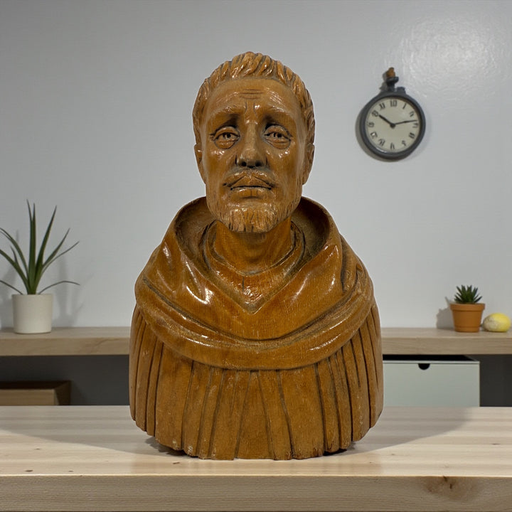 Hand-carved mid-century wood monk bust. Vintage religious décor from Europe. Warm handcrafted detail. Ideal for collectors and spiritual home staging.