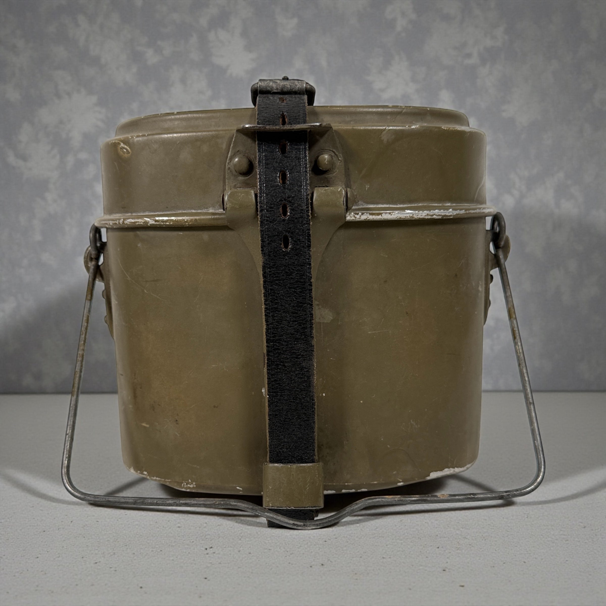 Vintage Swedish Army steel mess kit with original leather strap, WWII era field gear in good condition. Collectible military surplus. Fast shipping from Canada.