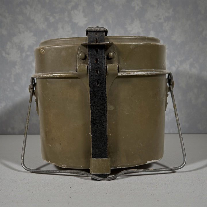 Vintage Swedish Army steel mess kit with original leather strap, WWII era field gear in good condition. Collectible military surplus. Fast shipping from Canada.
