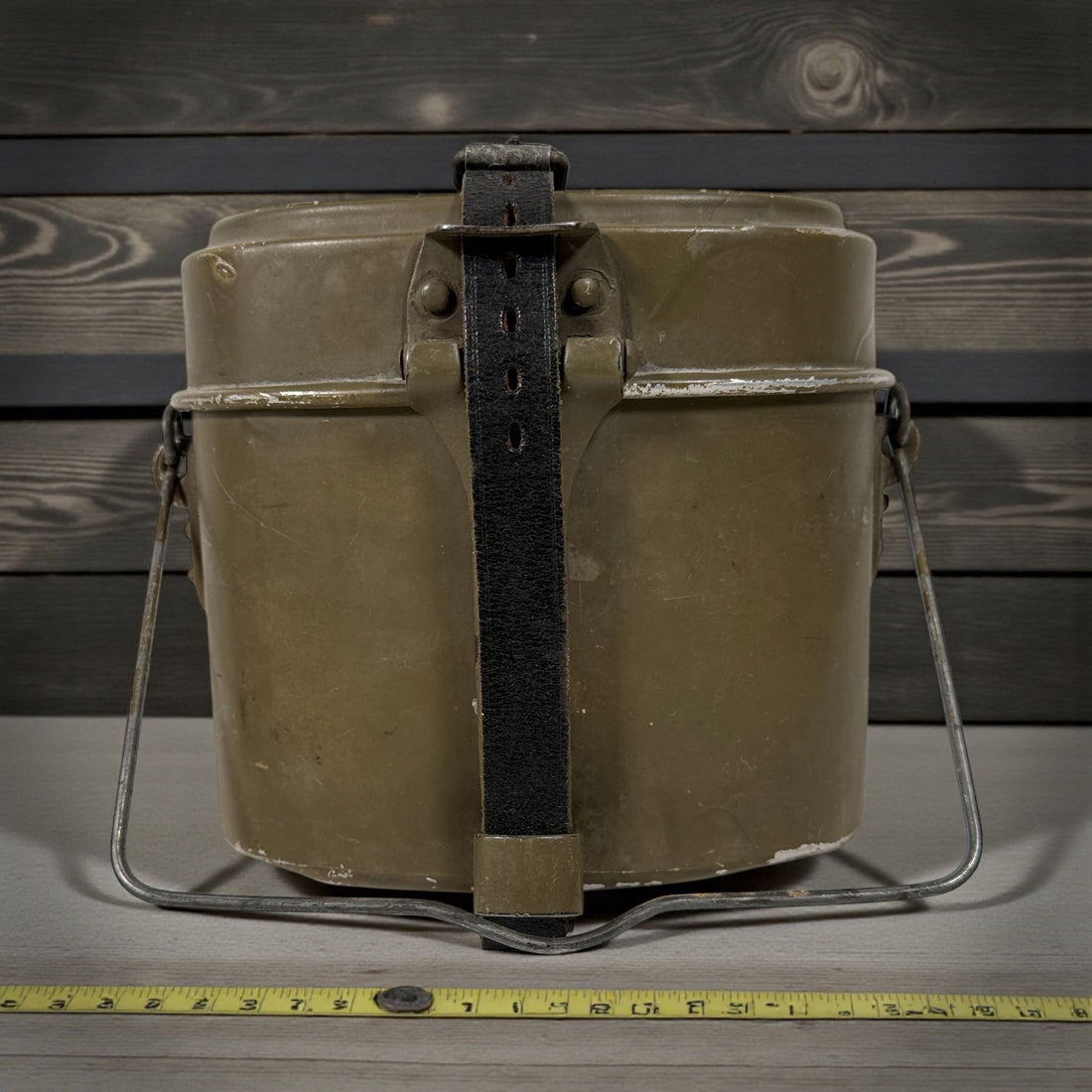 Vintage Swedish Army steel mess kit with original leather strap, WWII era field gear in good condition. Collectible military surplus. Fast shipping from Canada.