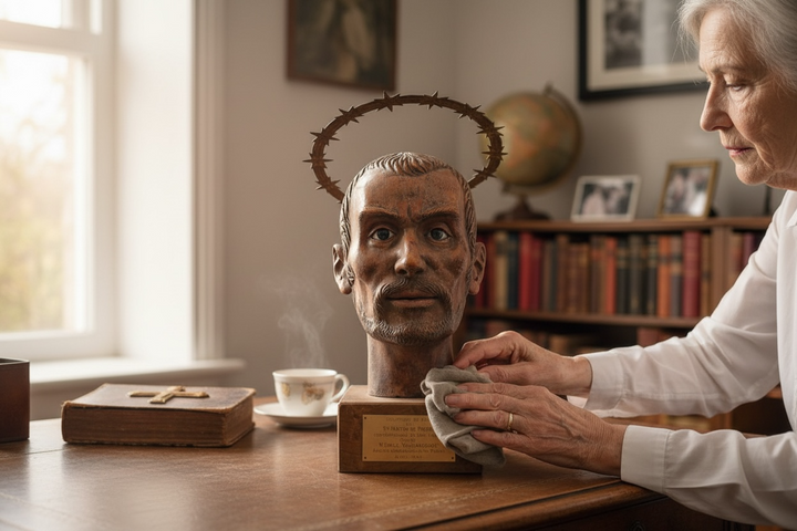 Wood bust of Saint Martin de Porres (1962) with diplomatic provenance from Canadian Ambassador in Peru. Glass eyes, halo, presentation plaque. Rare devotional art.