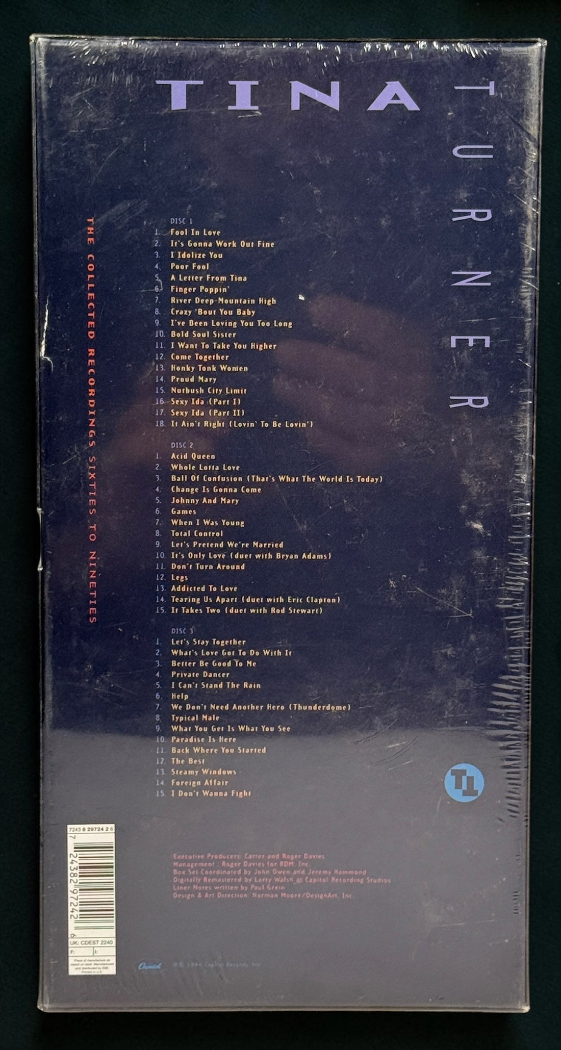 Factory-sealed Tina Turner The Collected Recordings 1994 Capitol 3-CD box set featuring 48 remastered tracks. Rare collectible long-box edition