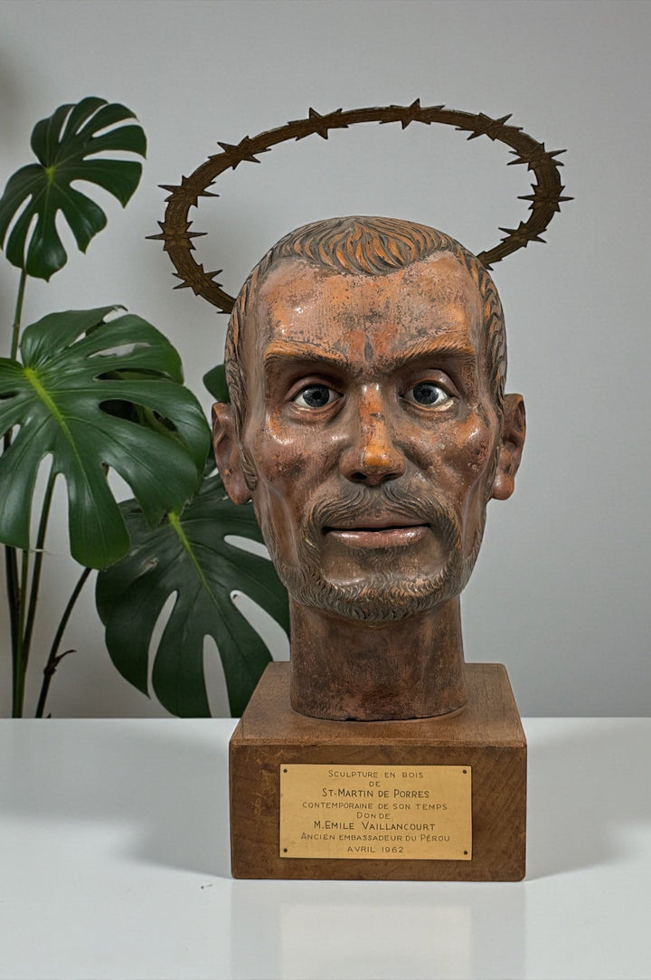 Wood bust of Saint Martin de Porres (1962) with diplomatic provenance from Canadian Ambassador in Peru. Glass eyes, halo, presentation plaque. Rare devotional art.