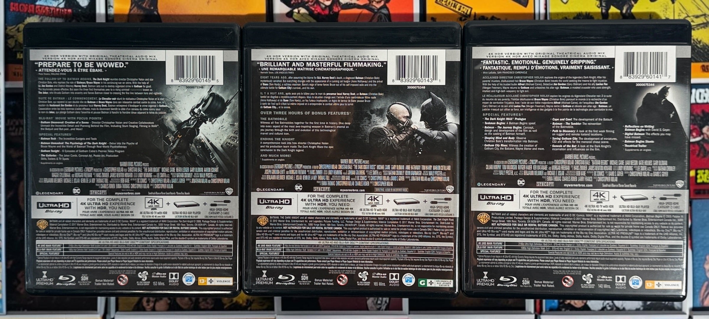 The Dark Knight Trilogy 4K UHD + Blu-ray box set with Batman Begins, The Dark Knight and Dark Knight Rises. Canadian bilingual edition.