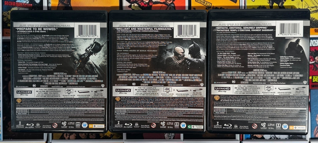 The Dark Knight Trilogy 4K UHD + Blu-ray box set with Batman Begins, The Dark Knight and Dark Knight Rises. Canadian bilingual edition.