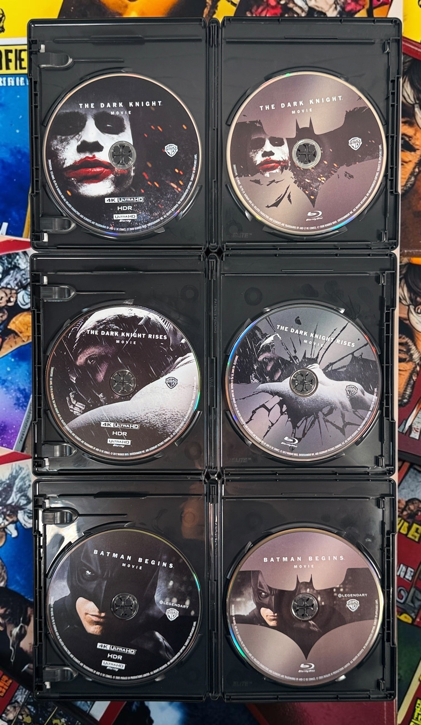 The Dark Knight Trilogy 4K UHD + Blu-ray box set with Batman Begins, The Dark Knight and Dark Knight Rises. Canadian bilingual edition.