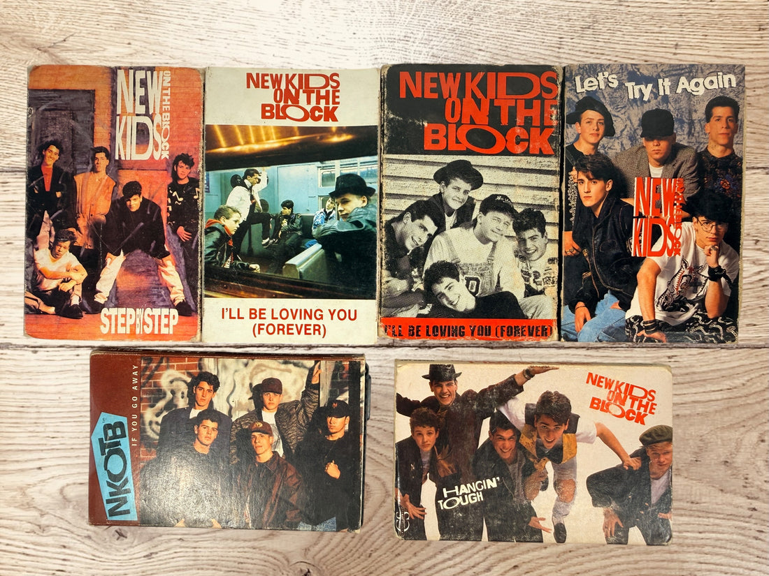 Vintage New Kids on the Block NKOTB lot of 6 Columbia cassette singles from 1988–1992, including Step By Step, Hangin’ Tough and more.