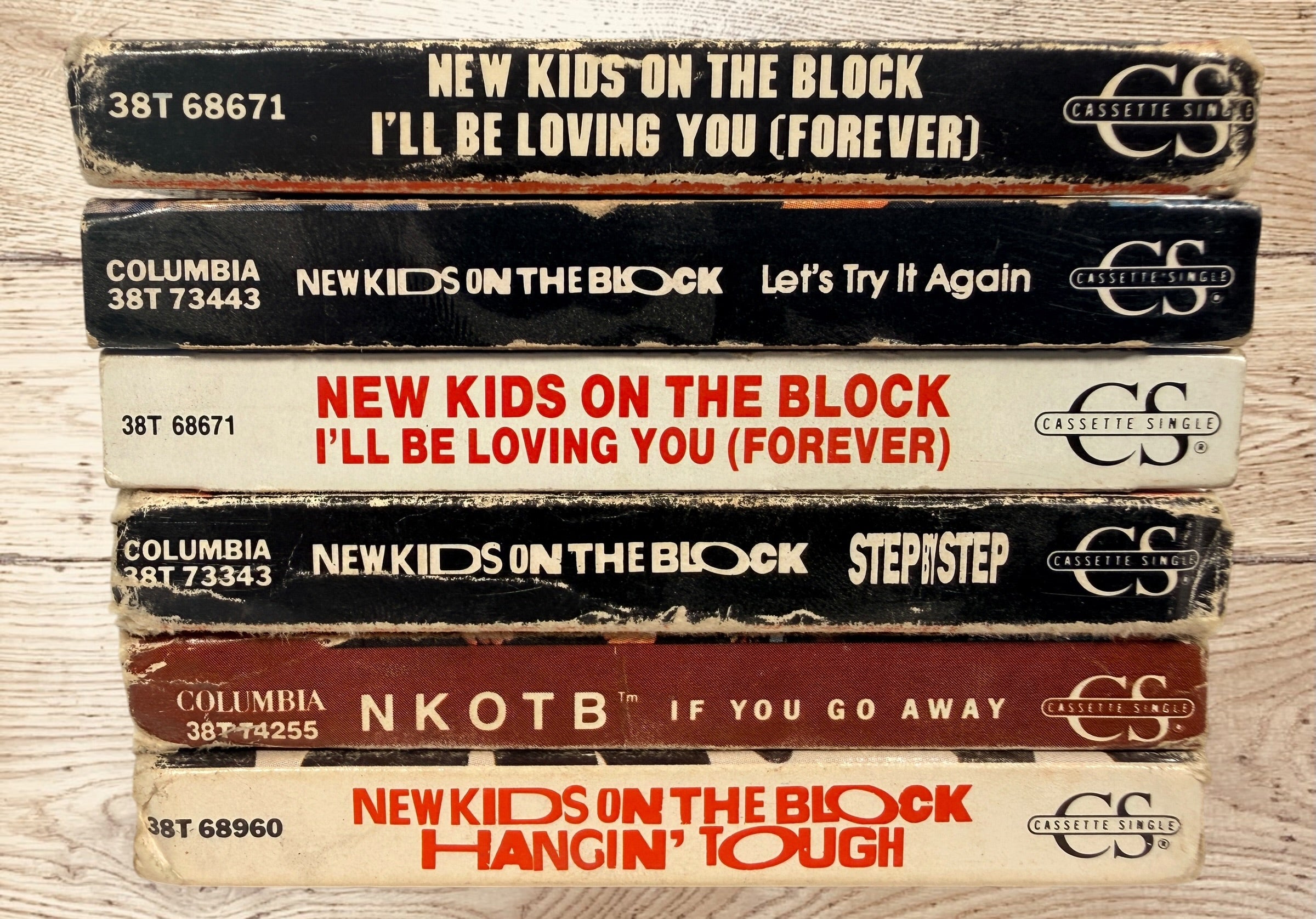 Vintage New Kids on the Block NKOTB lot of 6 Columbia cassette singles from 1988–1992, including Step By Step, Hangin’ Tough and more.