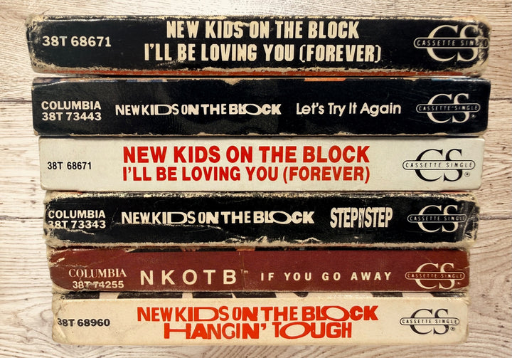 Vintage New Kids on the Block NKOTB lot of 6 Columbia cassette singles from 1988–1992, including Step By Step, Hangin’ Tough and more.