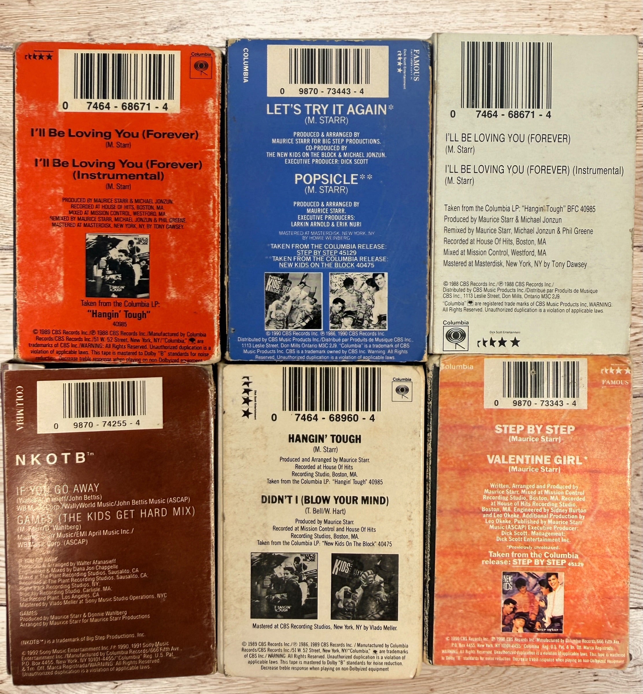 Vintage New Kids on the Block NKOTB lot of 6 Columbia cassette singles from 1988–1992, including Step By Step, Hangin’ Tough and more.