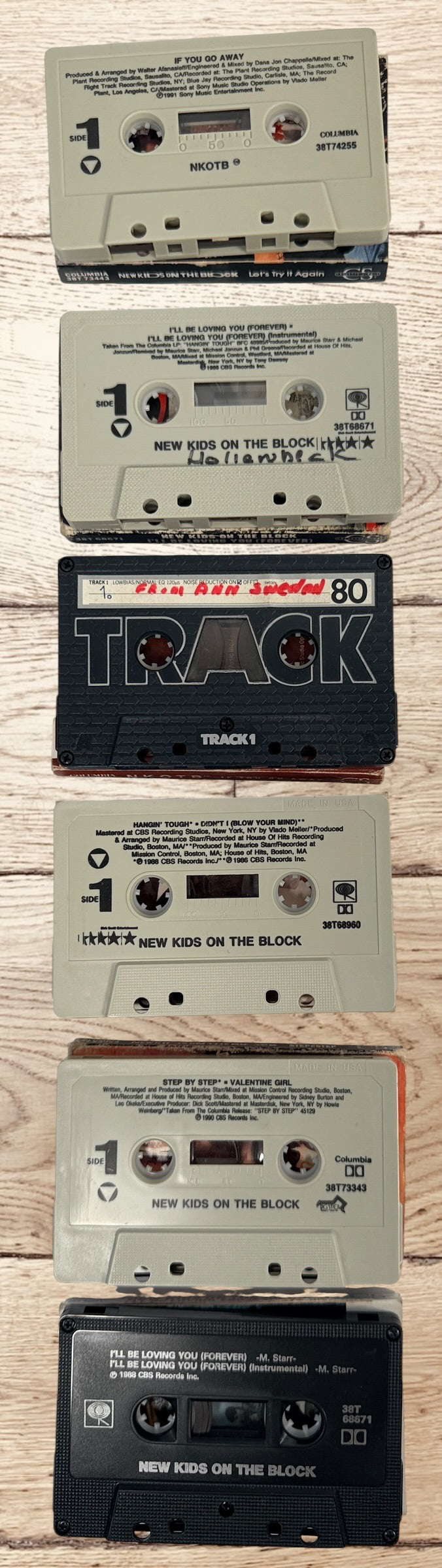 Vintage New Kids on the Block NKOTB lot of 6 Columbia cassette singles from 1988–1992, including Step By Step, Hangin’ Tough and more.