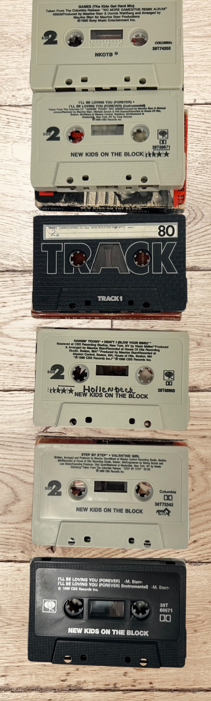 Vintage New Kids on the Block NKOTB lot of 6 Columbia cassette singles from 1988–1992, including Step By Step, Hangin’ Tough and more.