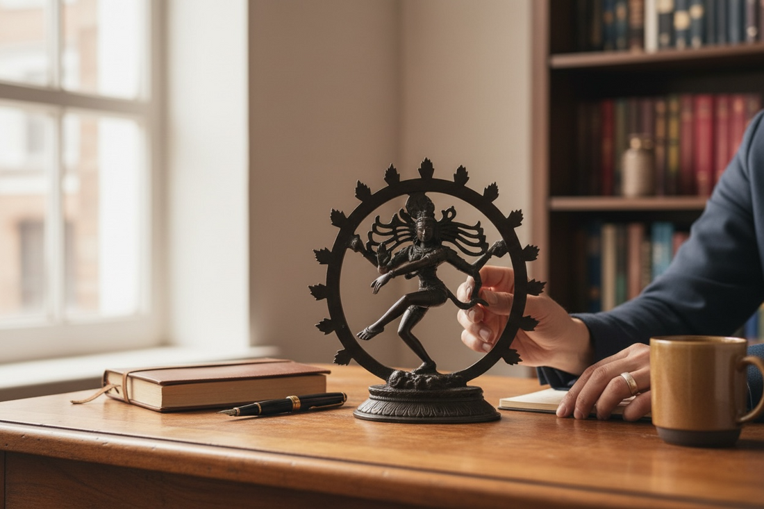 Indian Shiva Nataraja brass statue with cosmic ring of flames. Vintage devotional décor for altar, yoga or meditation spaces. Late 20th century. India.