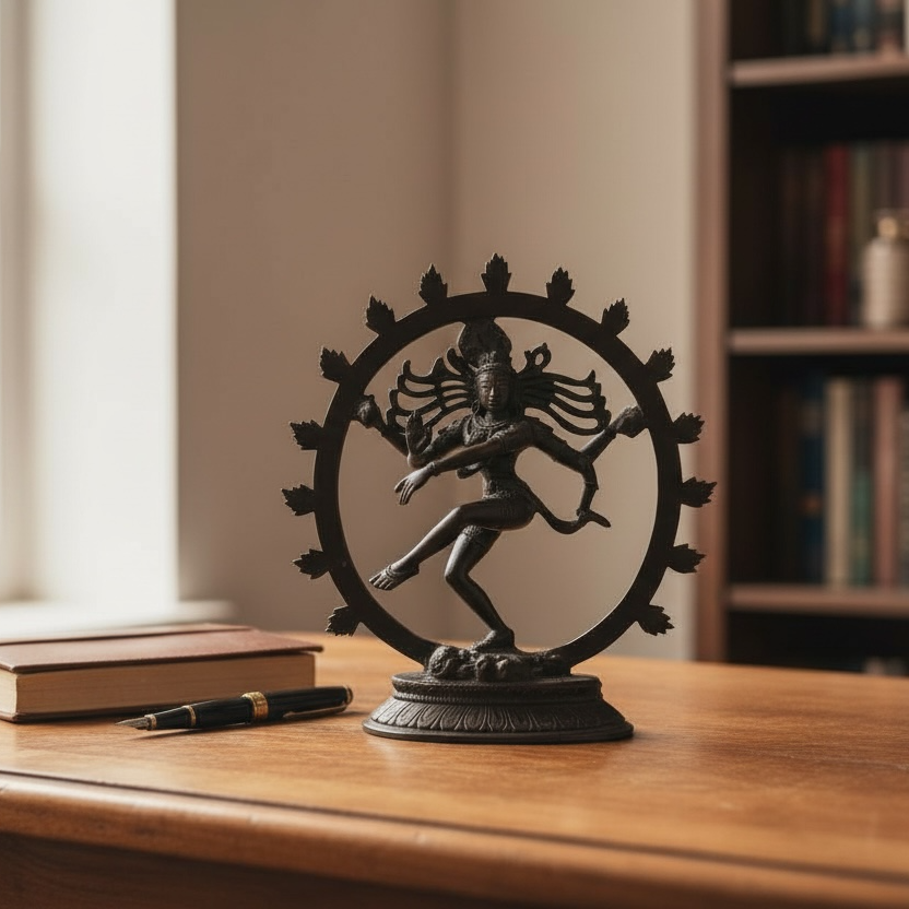 Indian Shiva Nataraja brass statue with cosmic ring of flames. Vintage devotional décor for altar, yoga or meditation spaces. Late 20th century. India.