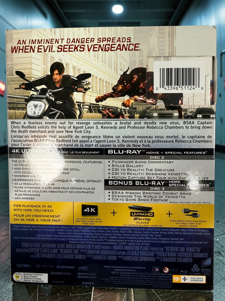 SEO Meta Description: Resident Evil Vendetta 2017 three-disc special edition with 4K UHD, Blu-ray, bonus disc and original bilingual slipcover.