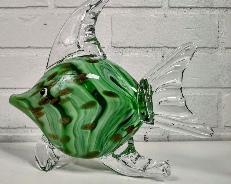 Murano, Glass Fish Sculpture, Hand Blown, Green Sommerso & Copper Spots