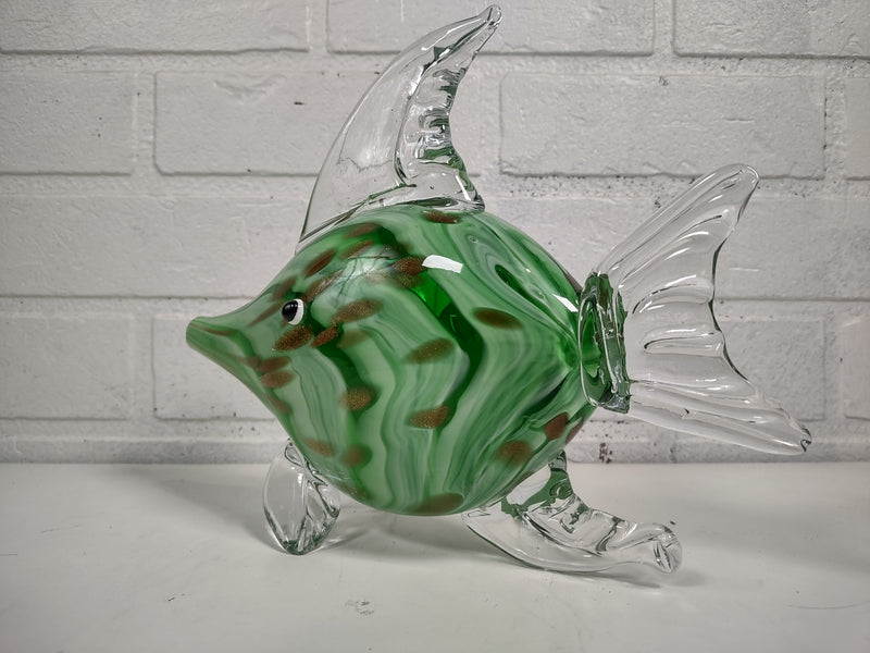 Murano, Glass Fish Sculpture, Hand Blown, Green Sommerso & Copper Spots