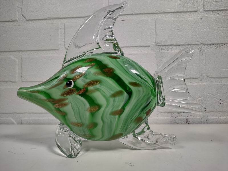 Murano, Glass Fish Sculpture, Hand Blown, Green Sommerso & Copper Spots