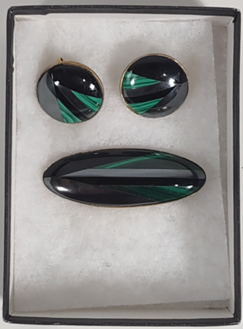 Lot de 3 broches et boucles d'oreilles en marcassite, onyx et malachite véritables