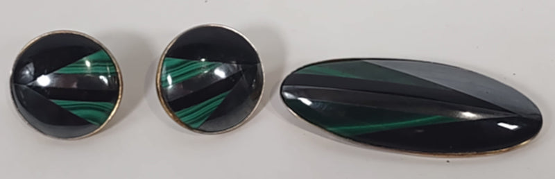 Lot de 3 broches et boucles d'oreilles en marcassite, onyx et malachite véritables