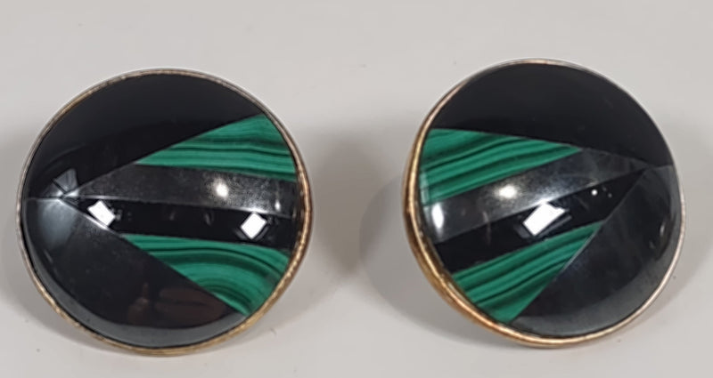 Lot de 3 broches et boucles d'oreilles en marcassite, onyx et malachite véritables