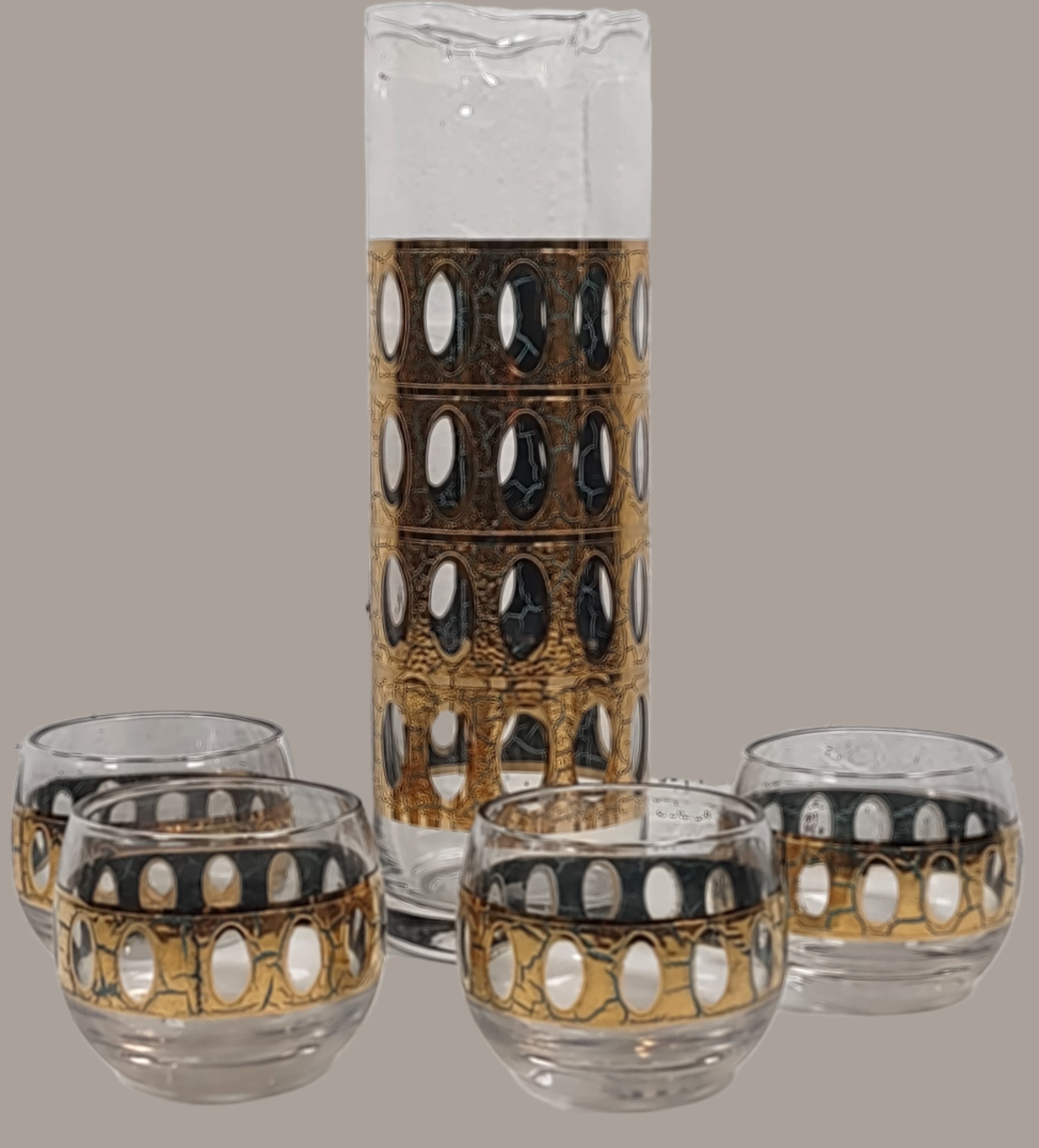 Lot de 5 pichets et 4 verres à liqueur vintage Culver Pisa, bordure en or 22 carats