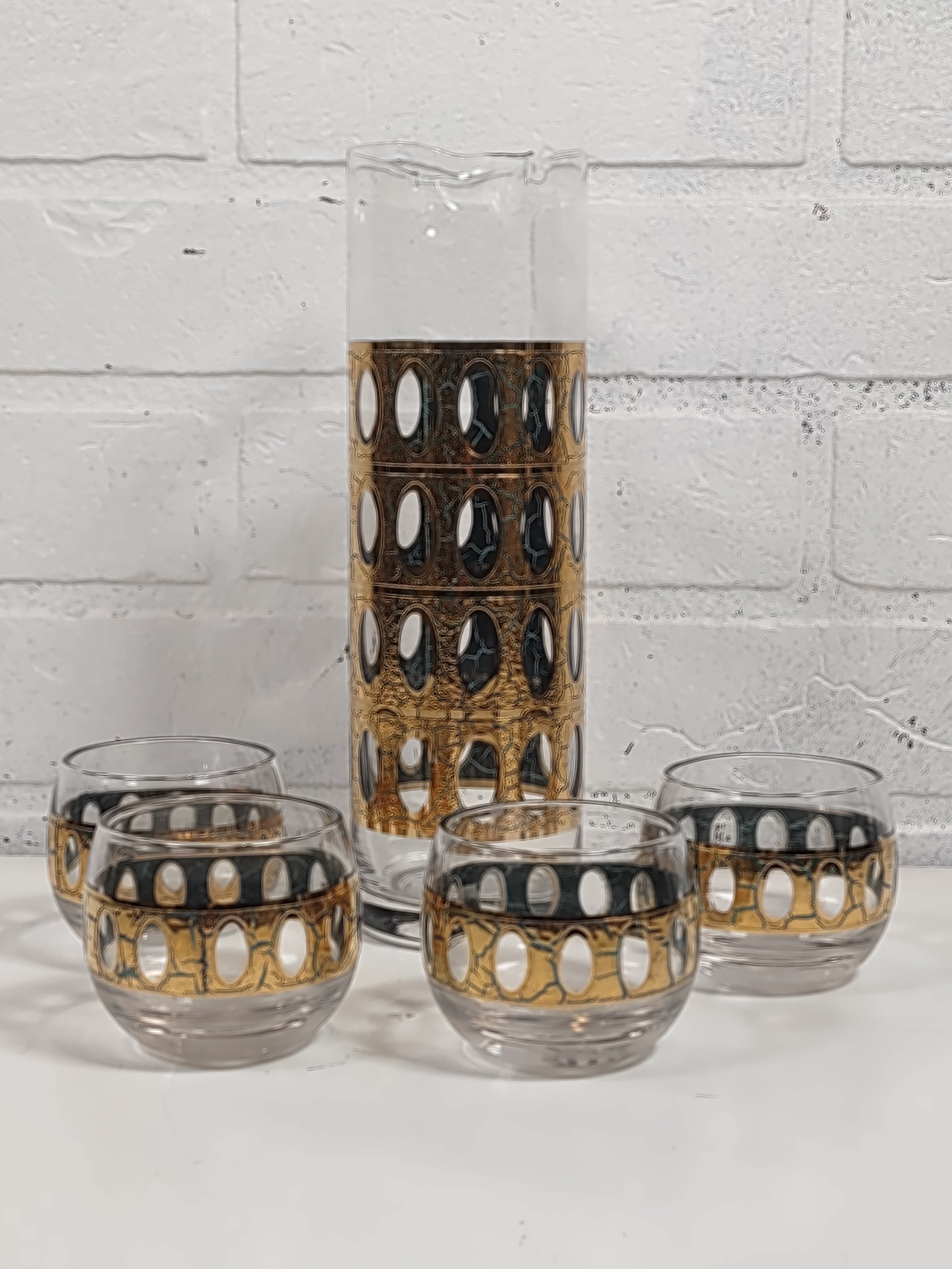 Lot de 5 pichets et 4 verres à liqueur vintage Culver Pisa, bordure en or 22 carats