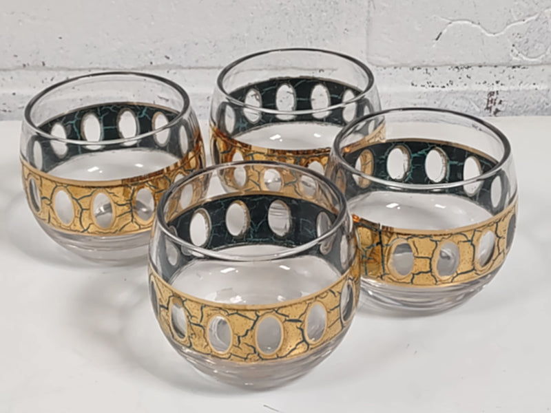 Set of 5, Vintage Culver Pisa, Pitcher & 4  Lo Ball Glasses, 22 K Gold Trim