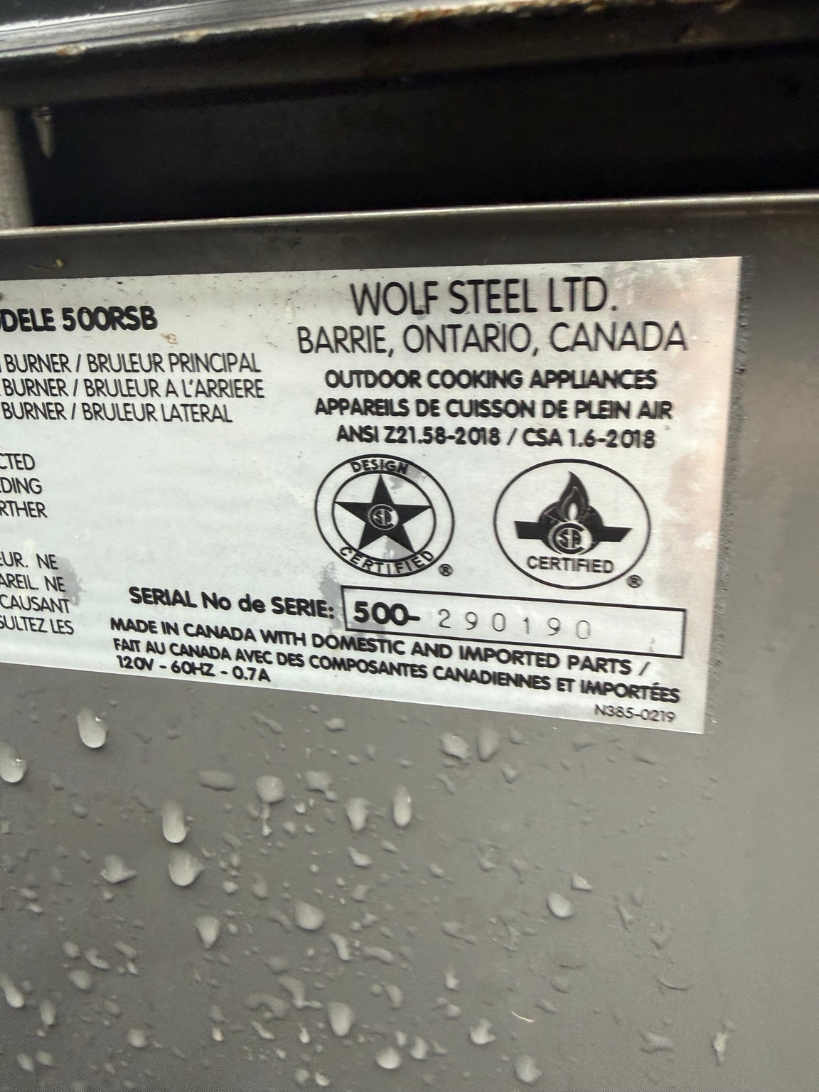 Napoleon manufacturer label showing made in Canada with domestic and imported parts
