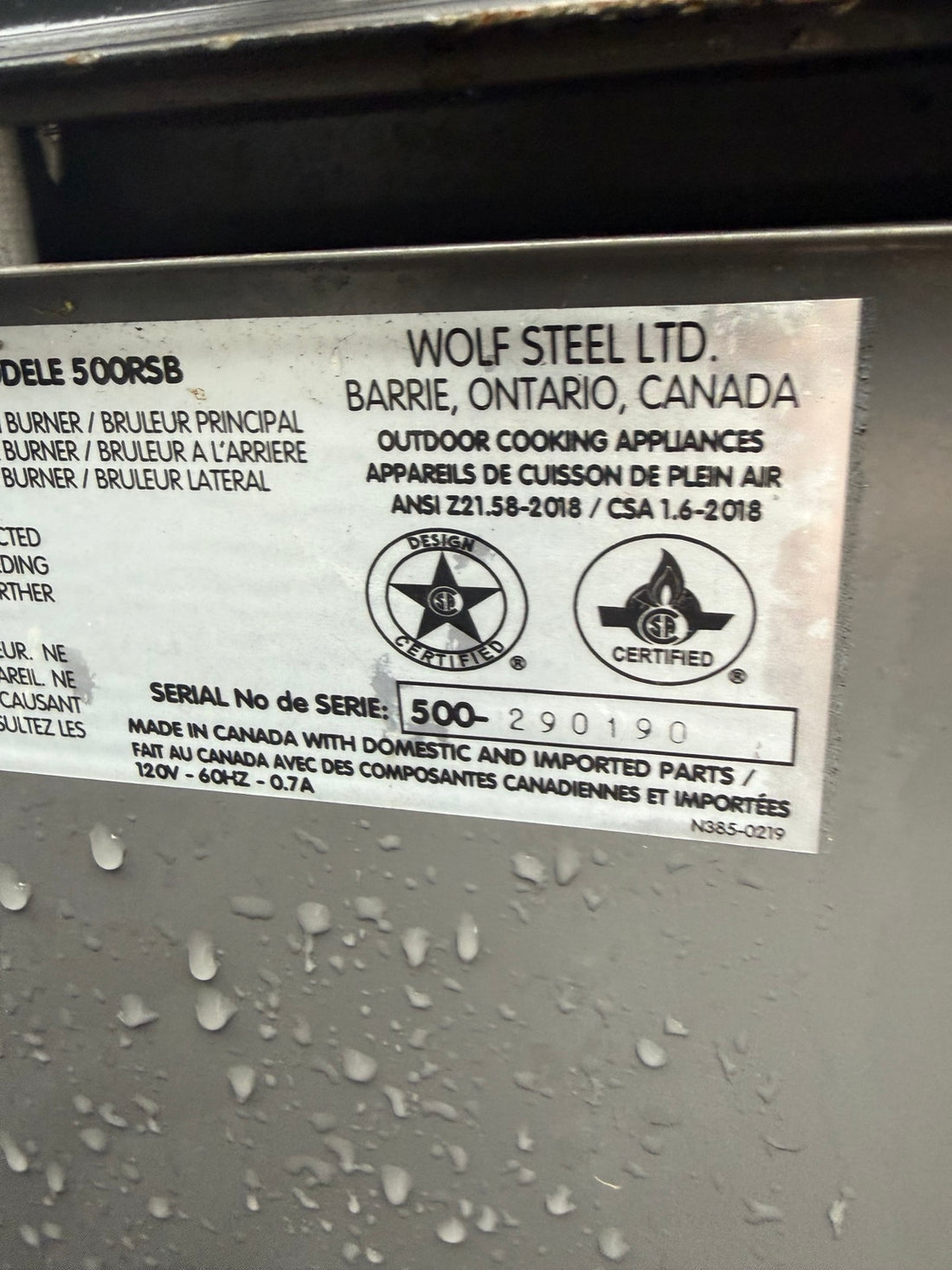 Napoleon manufacturer label showing made in Canada with domestic and imported parts