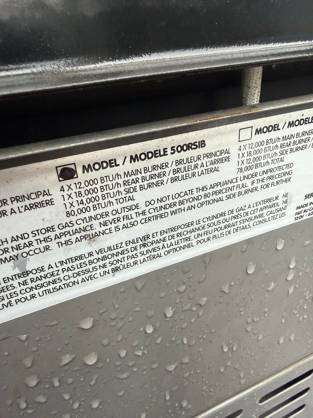 Napoleon BBQ rating label showing model 500RSIB