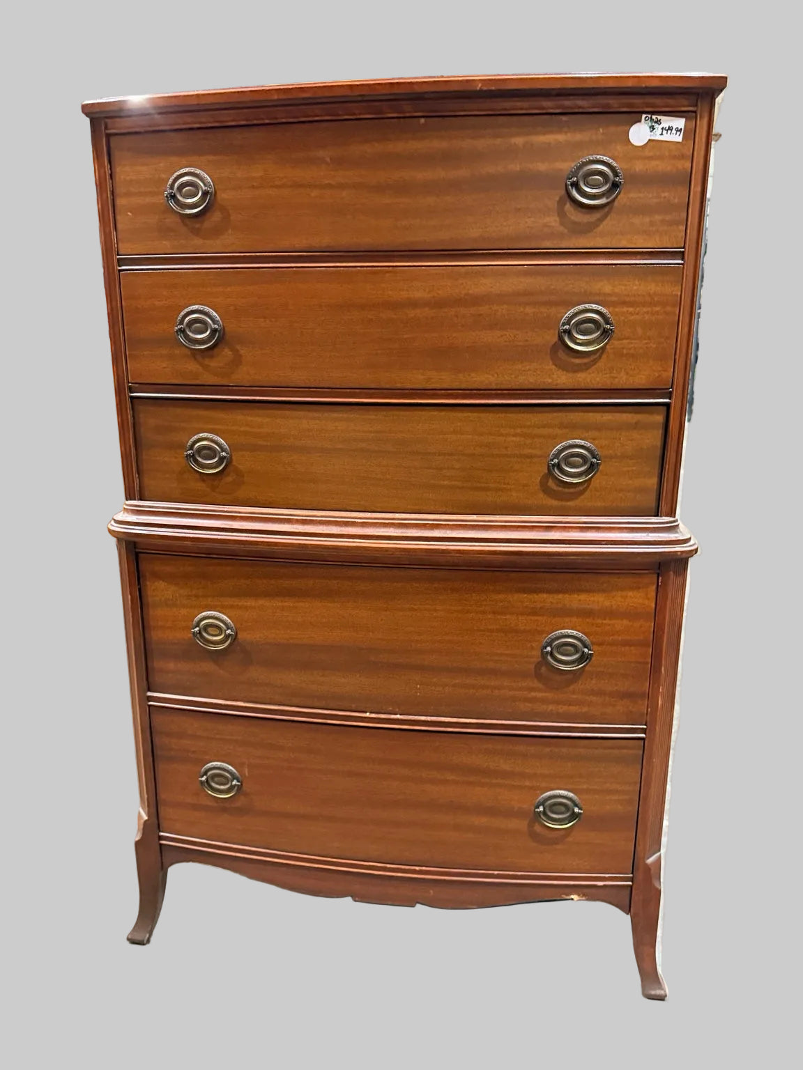 Vintage five-drawer tallboy dresser front view, brown wood finish