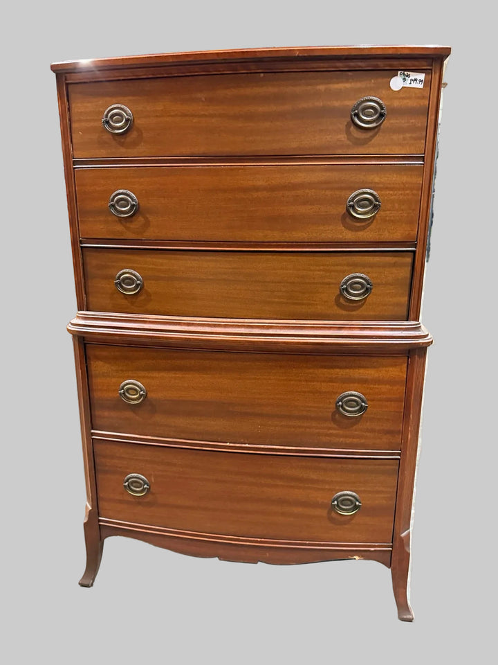 Vintage five-drawer tallboy dresser front view, brown wood finish